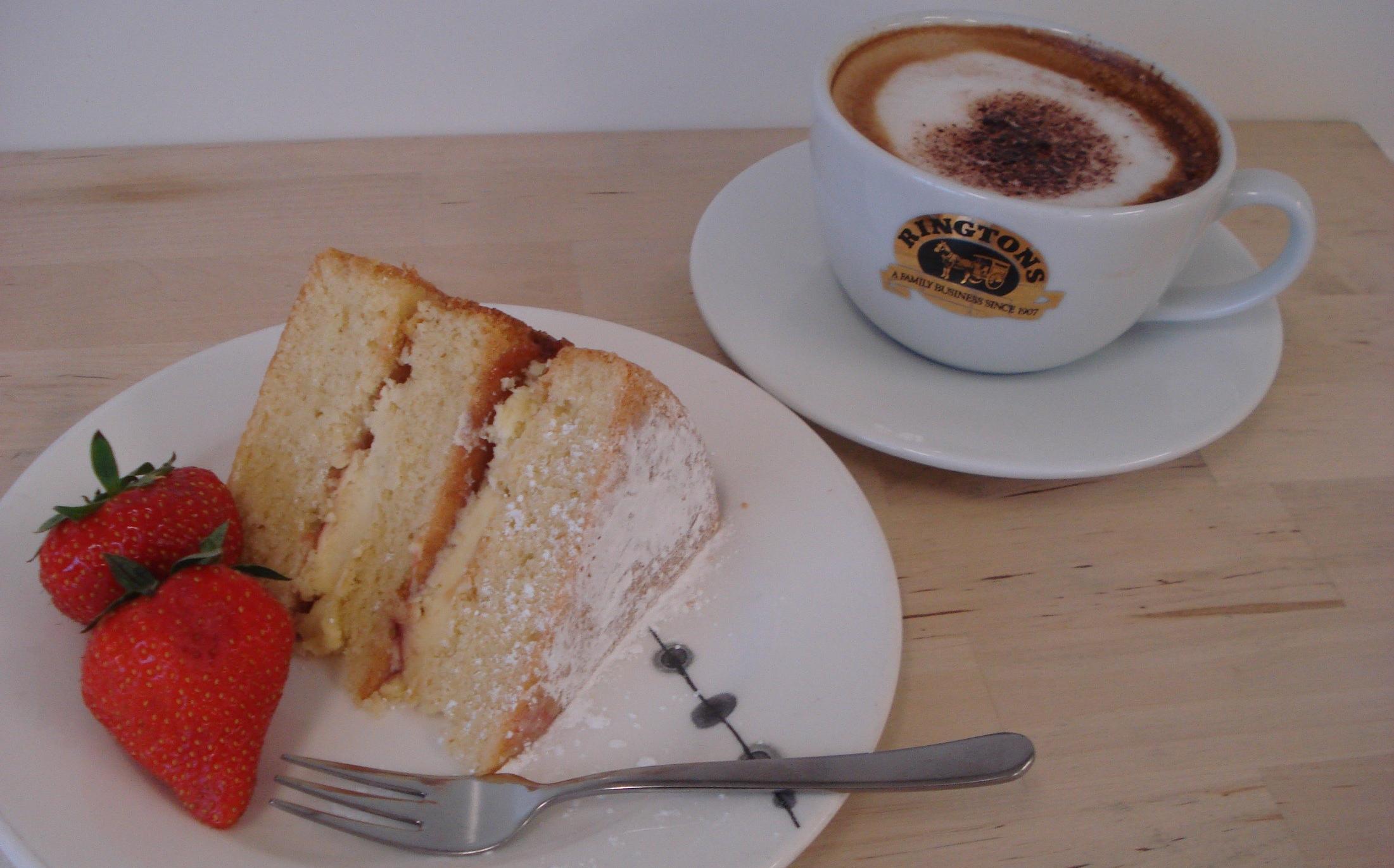 photo of a Victoria sponge cake and coffee